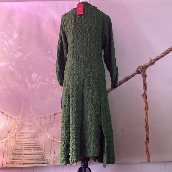 IC Collection Bubble Check Pucker Woven Mock Neck 3/4 Sleeve Dress HUNTER GREEN - Picture 7 of 9
